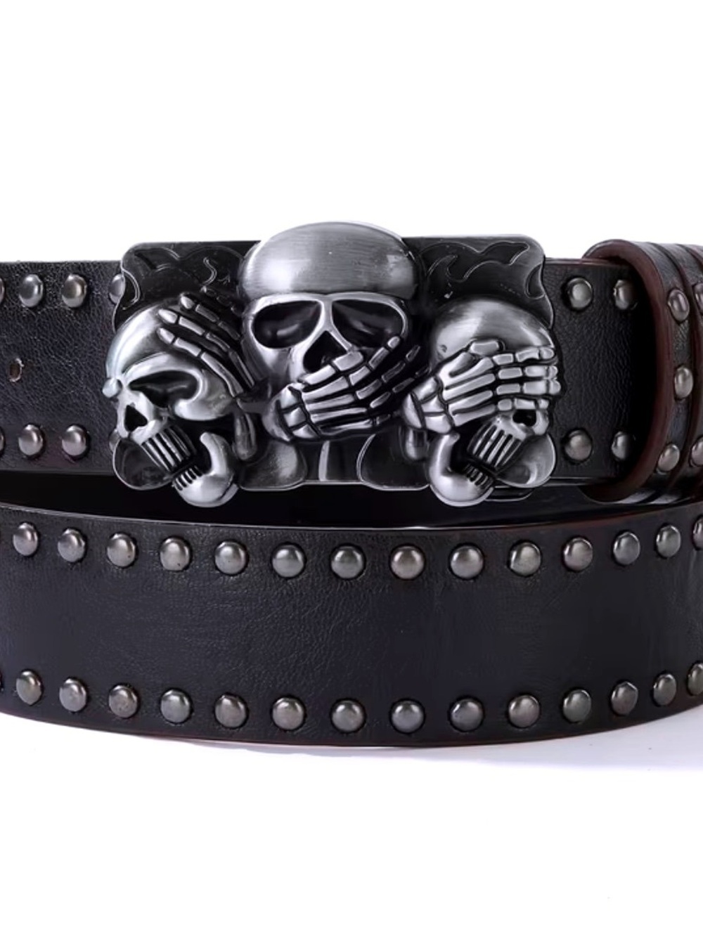 New -Sleek & Stylish -Black Faux Leather Studded Belt w/Skulls Buckle
